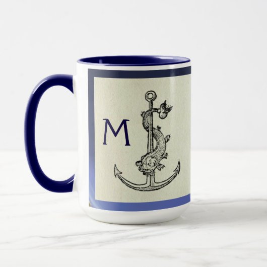 ANTIEK ANCHOR & FISH NAUTICAL Navy Blue Monogram Mok (Links)