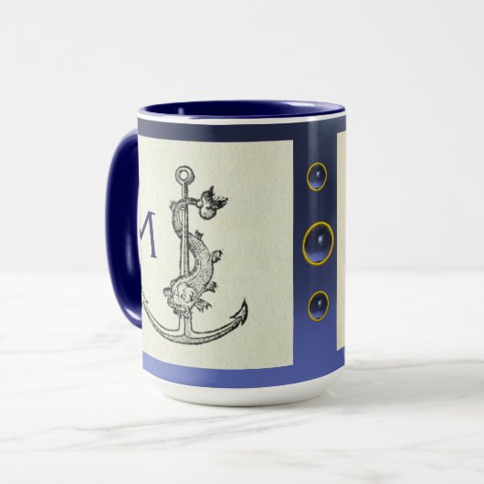 ANTIEK ANCHOR & FISH NAUTICAL Navy Blue Monogram Mok (Voorkant links)