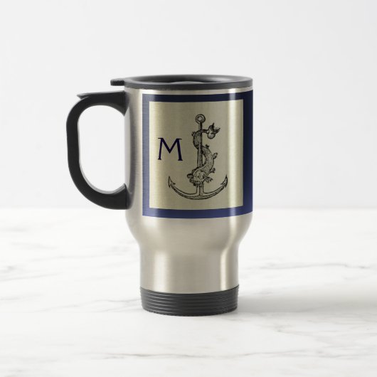 ANTIEK ANCHOR & FISH NAUTICAL Navy Blue Monogram Reisbeker (Links)