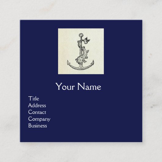 ANTIEK ANCHOR & FISH NAUTICAL Navy Blue Monogram Vierkante Visitekaartje (Voorkant)