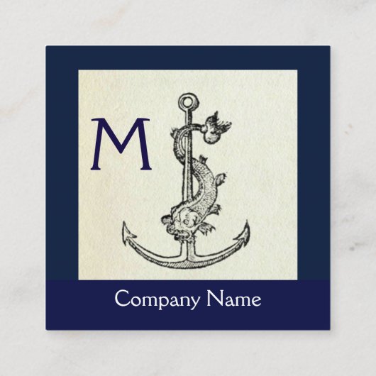 ANTIEK ANCHOR & FISH NAUTICAL Navy Blue Monogram Vierkante Visitekaartje (Achterkant)