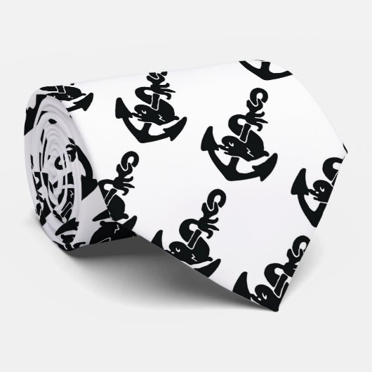 ANTIEK ANCHOREN, FISH, RUBY GEM Black White Nautic Stropdas (Opgerold)