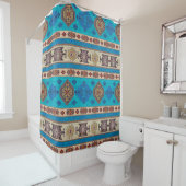 Antiek Aqua Blauw Bord Goud Turks Kilim Tapijt Douchegordijn (In situ)