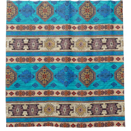 Antiek Aqua Blauw Bord Goud Turks Kilim Tapijt Douchegordijn (Voorkant)
