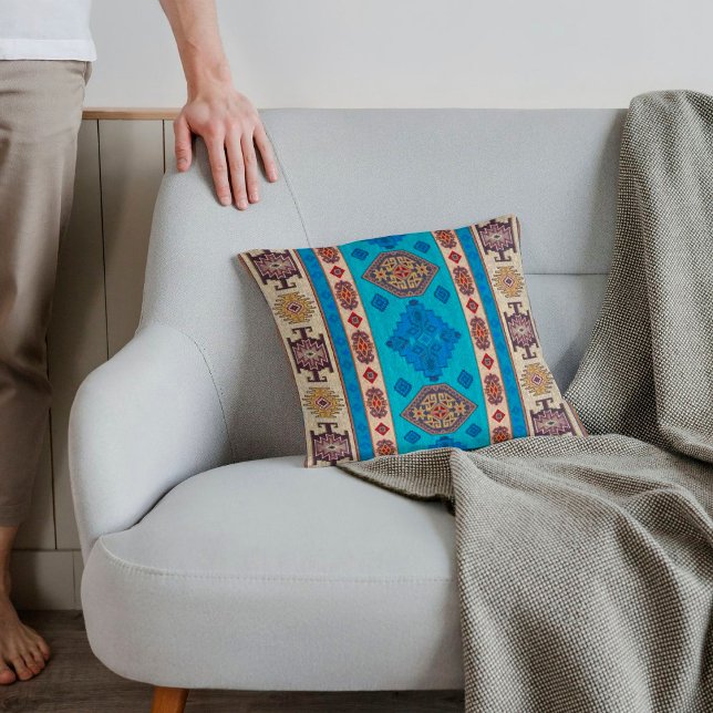 Antiek Aqua Blauw Bord Goud Turks Kilim Tapijt Kussen (Creator heeft geüpload)