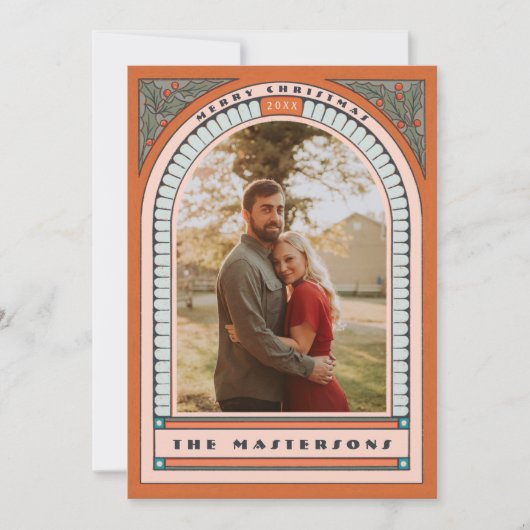 Antiek Arch Holly Deco Oranje Holiday Fotokaart Feestdagenkaart (Voorkant)
