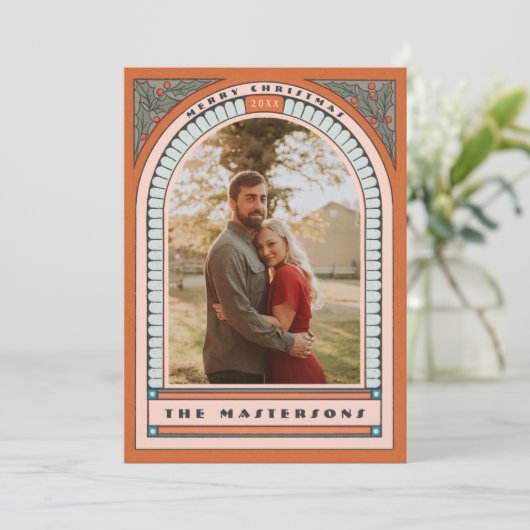 Antiek Arch Holly Deco Oranje Holiday Fotokaart Feestdagenkaart (Staand voorkant)