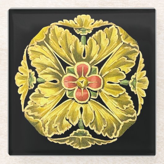 Antiek architecturale rozet nr. 3 glazen onderzetter (Voorkant)