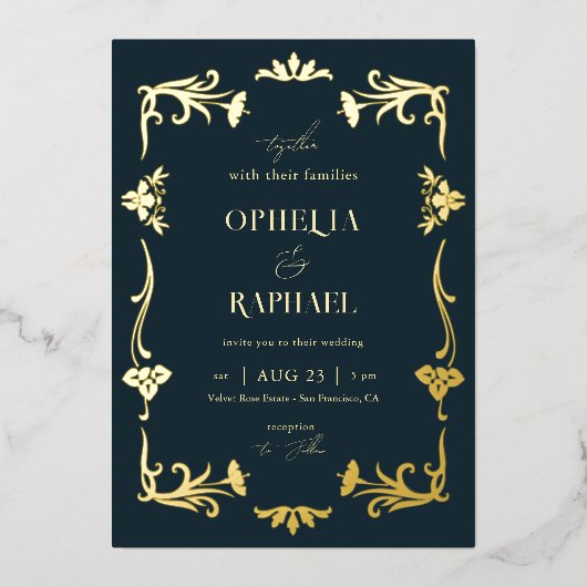 Antiek Art Nouveau Bloemen Vintage Bruiloftsgoud Folie Uitnodiging (Voorkant)