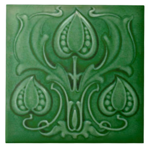 Antiek Art Nouveau Green Majolica Repro Tile Tegeltje