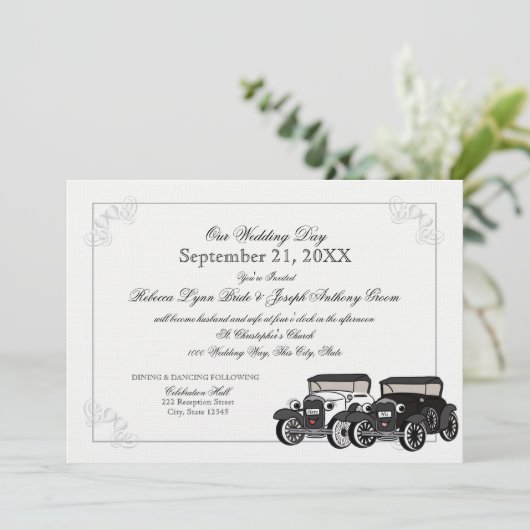 Antiek auto bruiloft kaart (Staand voorkant)