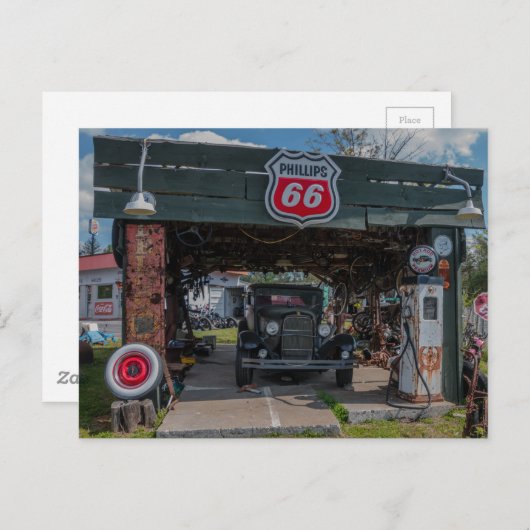 Antiek auto en pomp briefkaart (Voorkant / Achterkant)