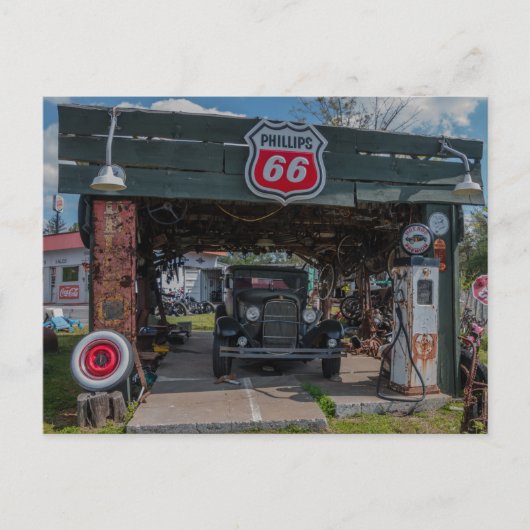 Antiek auto en pomp briefkaart (Voorkant)