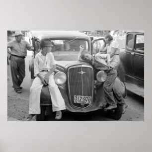 Antiek auto, geweldige depressie familie, jaren de poster