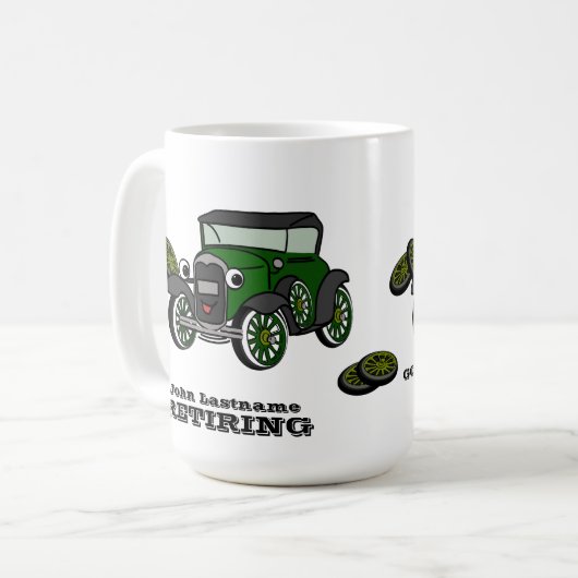 Antiek auto met pensioen koffiemok (Voorkant links)