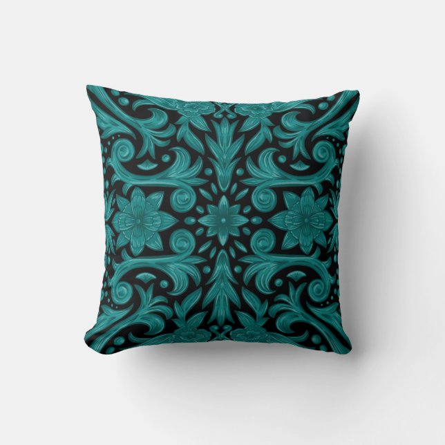 Antiek Aztec Eagle Damask blauwgroen zwart Kussen (Voorkant)