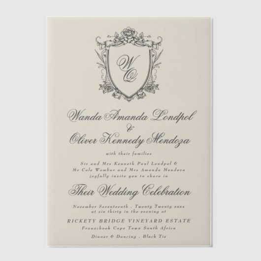 Antiek Beige Bloemen Crest Foto bruiloft Vellum Uitnodigingen (Voorkant)