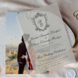 Antiek Beige Bloemen  Crest Foto bruiloft Vellum Uitnodigingen