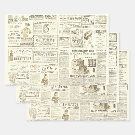 Antiek  Beige Franse advertenties Ephemera Inpakpapier Vel (Set)