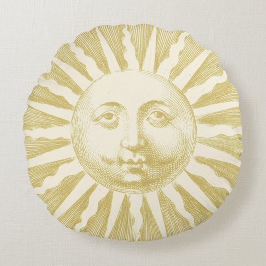Antiek  Beige Gold Sun Face Rond Kussen (Voorkant)