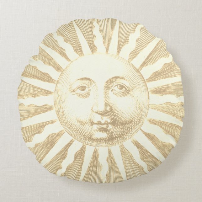 Antiek  Beige Gold Sun Face Rond Kussen (Voorkant)