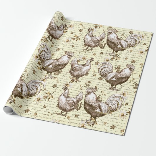 Antiek Beige Rooster Hen Frans Script Cadeaupapier (Uitgerold)