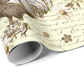 Antiek Beige Rooster Hen Frans Script Cadeaupapier (Rol Hoek)