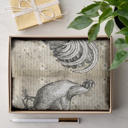 Antiek  Beige Rooster Hen Frans Script Tissuepapier (Geschenk)