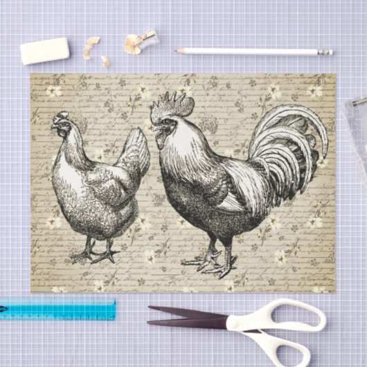 Antiek Beige Rooster Hen Frans Script Tissuepapier (Craft)