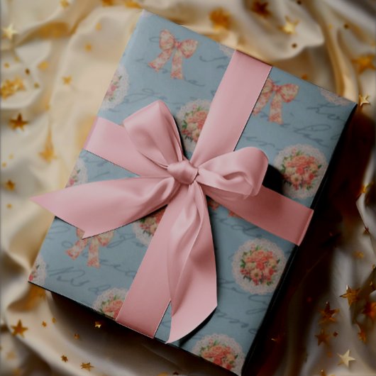 Antiek belettering Rozen Toile Bows Cadeaupapier