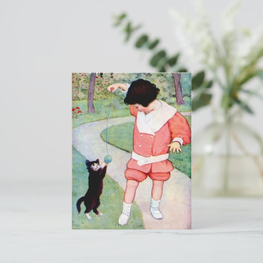 ANTIEK "BESTE VRIENDEN" MEISJES MET KITTEN BRIEFKAART (Staand voorkant)