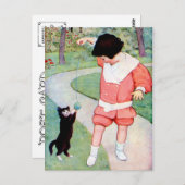 ANTIEK "BESTE VRIENDEN" MEISJES MET KITTEN BRIEFKAART (Voorkant / Achterkant)