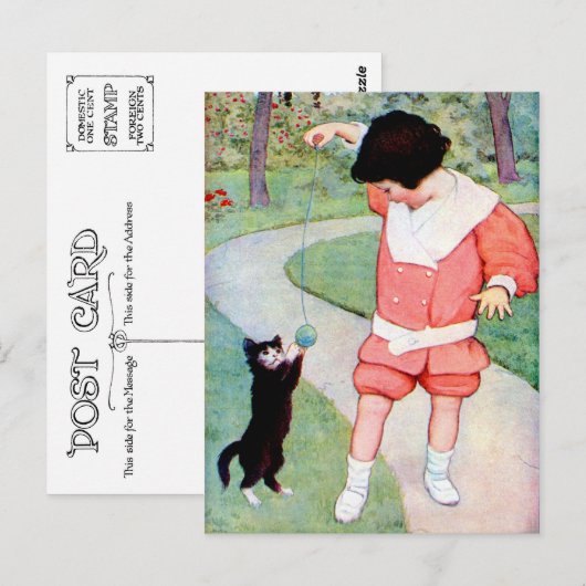 ANTIEK "BESTE VRIENDEN" MEISJES MET KITTEN BRIEFKAART (Voorkant / Achterkant)