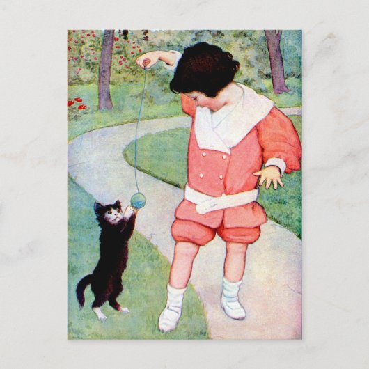 ANTIEK "BESTE VRIENDEN" MEISJES MET KITTEN BRIEFKAART (Voorkant)