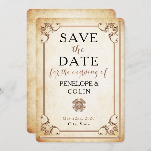 Antiek Bibliotheek Boek Decoratieve Scrollwork Save The Date (Voorkant / Achterkant)
