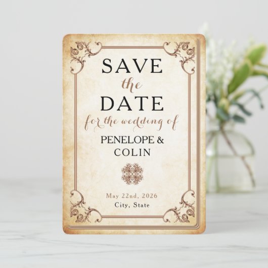 Antiek Bibliotheek Boek Decoratieve Scrollwork Save The Date (Staand voorkant)
