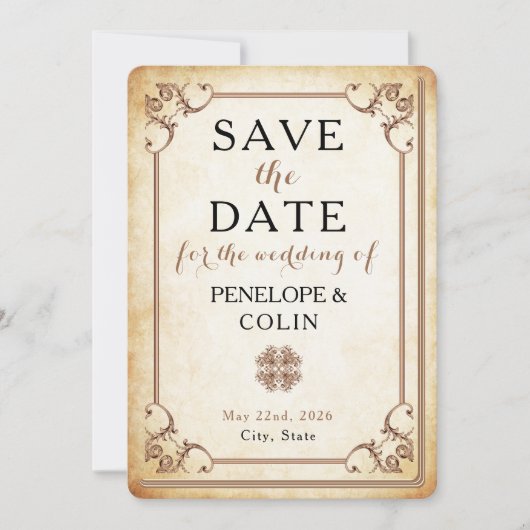 Antiek Bibliotheek Boek Decoratieve Scrollwork Save The Date (Voorkant)