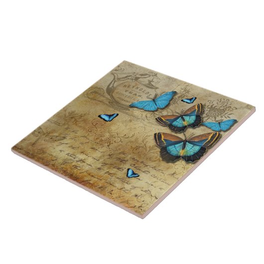 Antiek, bijtende ontkoppeling N blauwe vlinders Tegeltje (Zijkant)