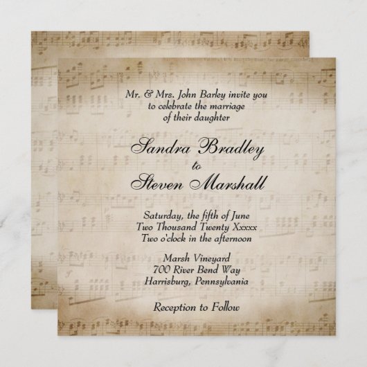 Antiek blad Music Theme Wedding Invitation Kaart (Voorkant / Achterkant)