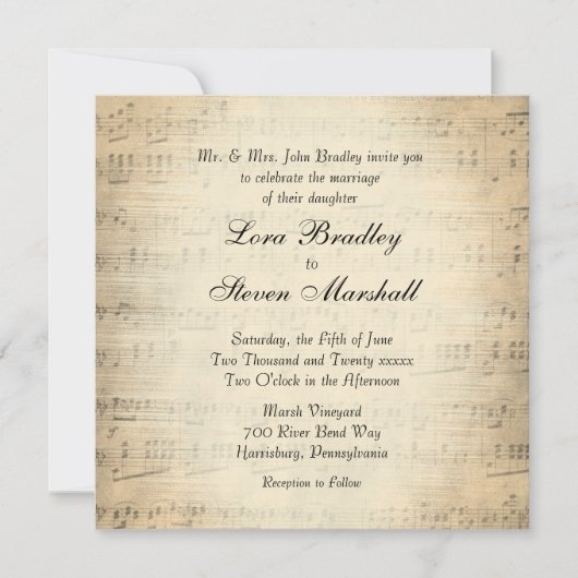 Antiek blad Music Wedding Theme Uitnodiging (Voorkant)