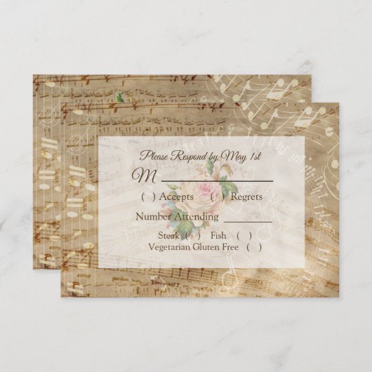 Antiek Bladmuziek Roos Bruiloft RSVP-kaart RSVP Kaartje (Voorkant / Achterkant)