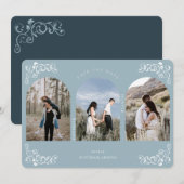  Antiek blauw 3 foto's met blauw scrollbord Save The Date (Voorkant / Achterkant)