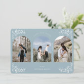  Antiek blauw 3 foto's met blauw scrollbord Save The Date (Staand voorkant)
