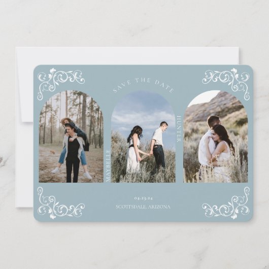 Antiek blauw 3 foto's met blauw scrollbord Save The Date (Voorkant)