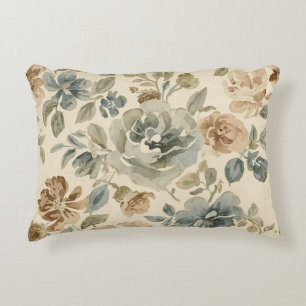 Antiek Blauw Bruin Salie Beige Aquarel Bloem Accent Kussen