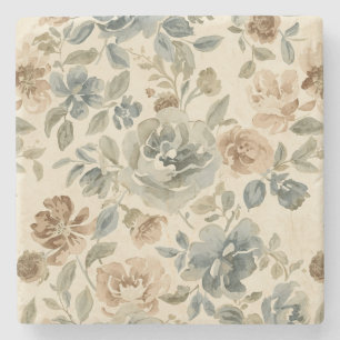 Antiek Blauw Bruin Salie Beige Aquarel Bloem Stenen Onderzetter