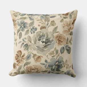 Antiek Blauw Bruine Salie Beige Aquarel Bloemmotie Kussen