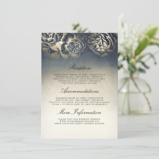 Antiek Blauw en Goud Bruiloft Informatie Gast Informatiekaartje (Staand voorkant)