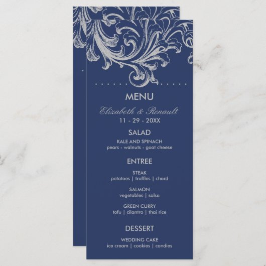 Antiek Blauw en Grijs Bloemen Bruiloft Menu (Voorkant / Achterkant)