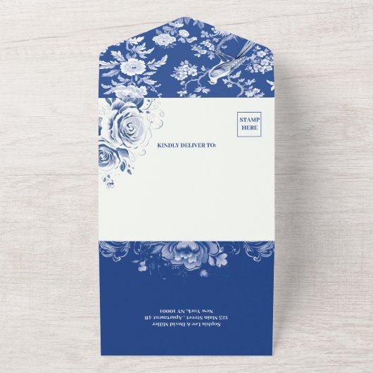 Antiek blauw en wit Chinoiserie bloemenbruiloft All In One Uitnodiging (Buitenkant)